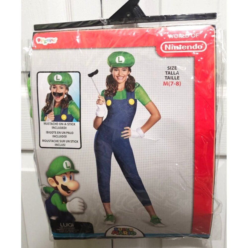 Luigi Costume Girls 7-8 Mustache Stick Gloves Hat Jumpsuit Super Mario Cute NEW